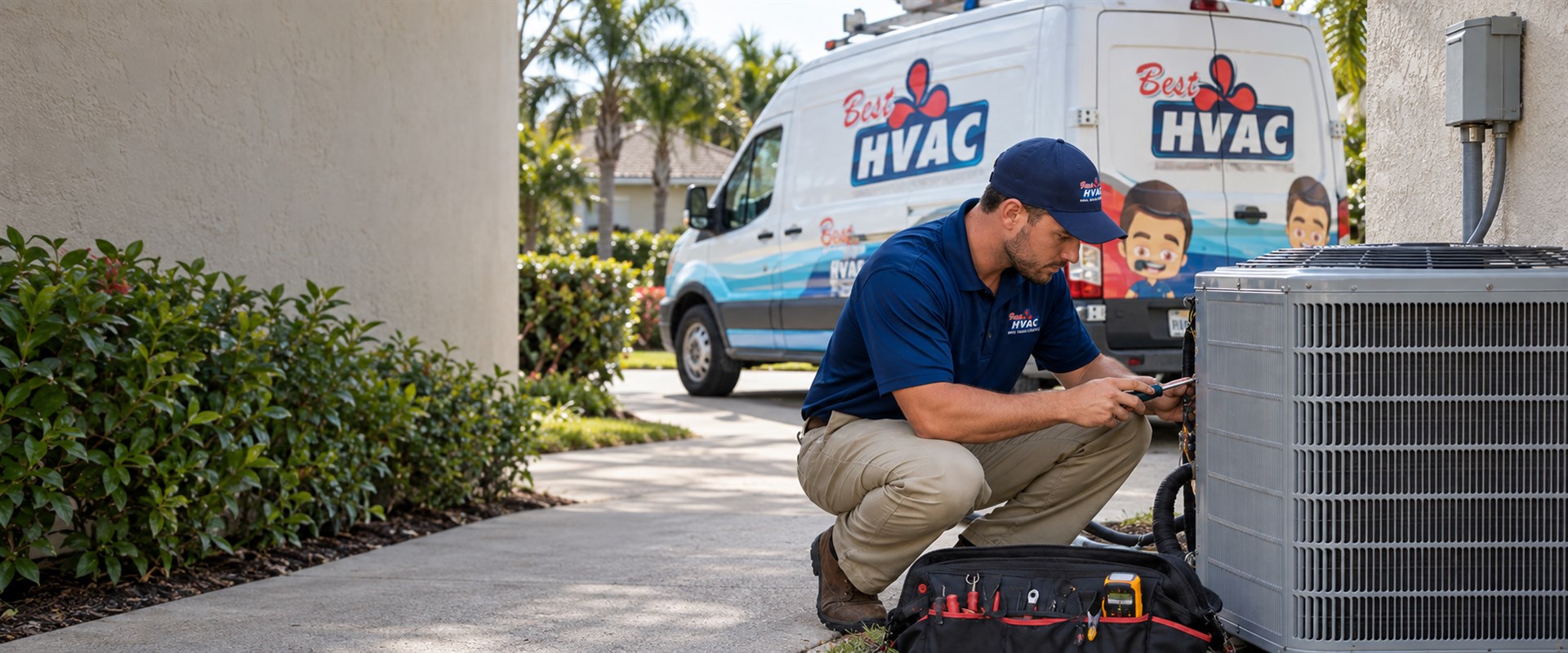 The Best HVAC technician servicing an outdoor air conditioner with a branded service van nearby