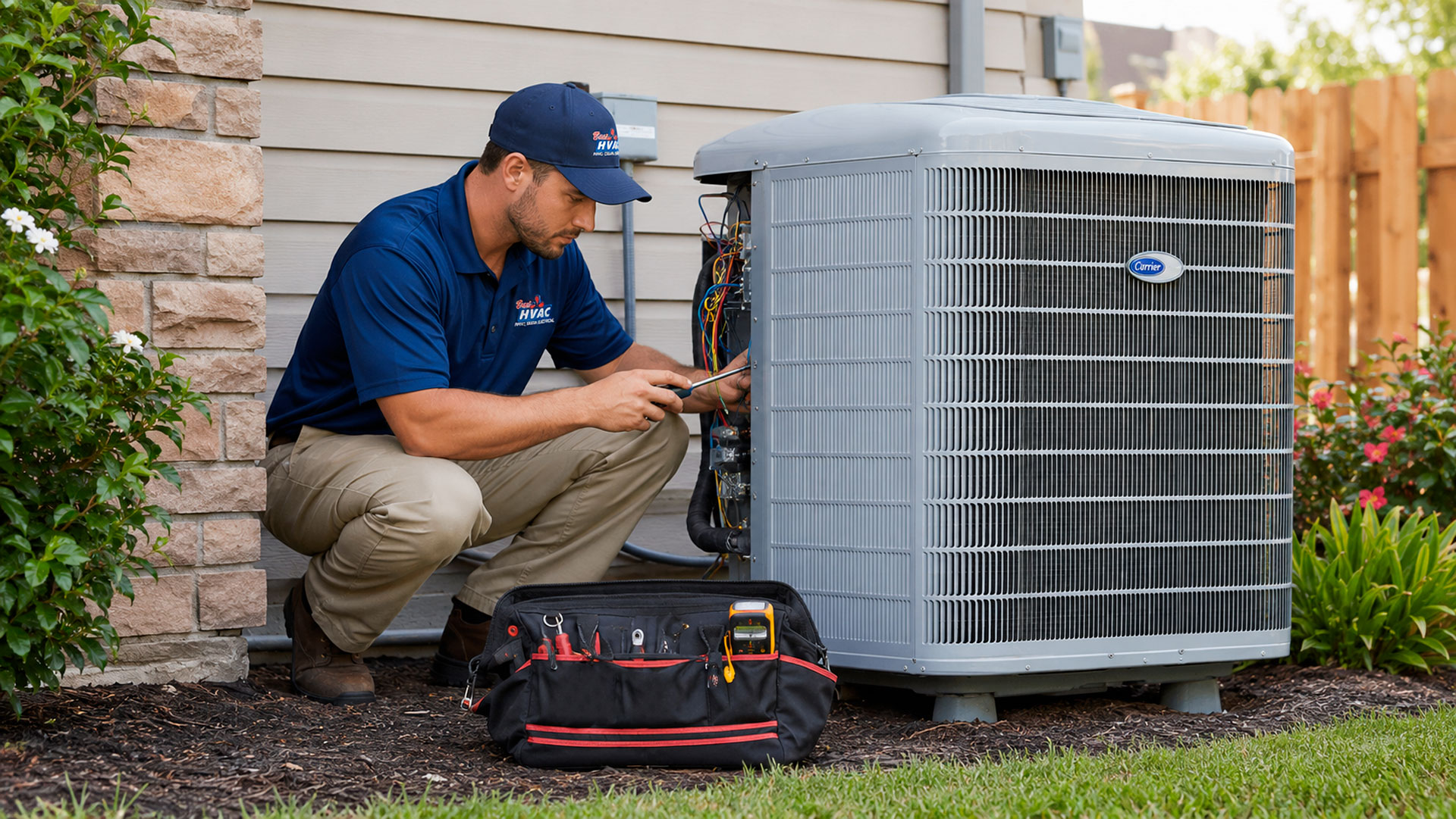 Best HVAC technician working on an outdoor air conditioning system